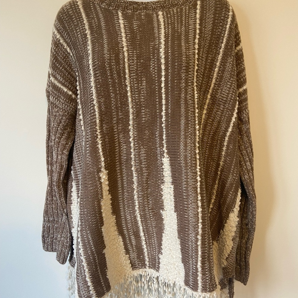 Womens (L) brown/cream tunic sweater with decorative fringe around the bottoms
